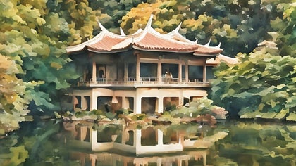 A serene lakeside view of a traditional pagoda surrounded by lush greenery, rendered in a watercolor effect.